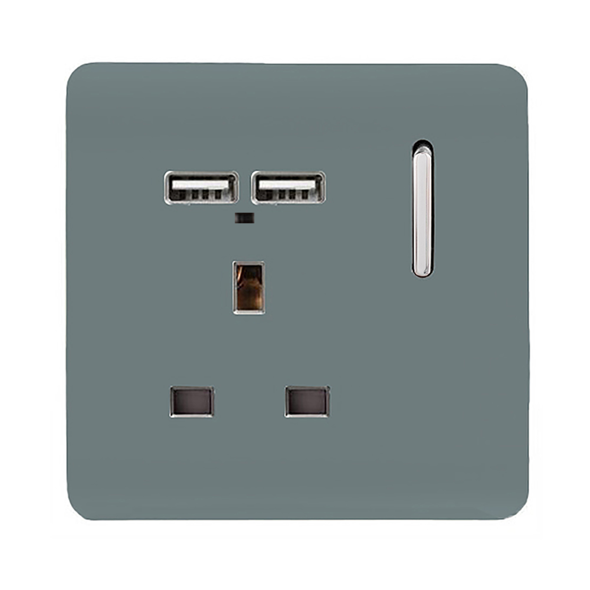 1 Gang Switched Single Socket 13A With 2 x USB-A 10W (Shared) With Neon Insert Cool Grey